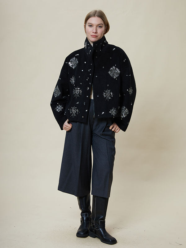 Shinning Band Collar Beading Outwear