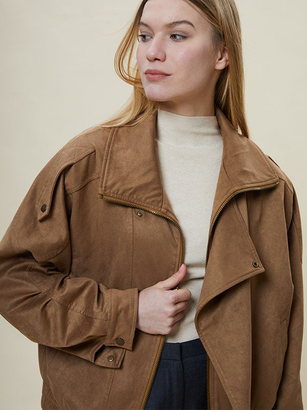 Meilade Lapel Belt Zipper Jacket